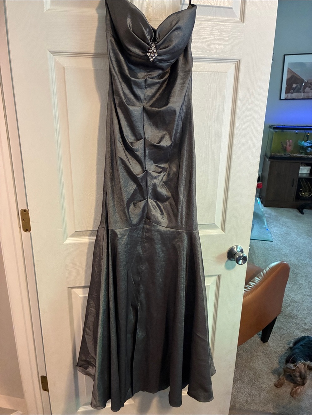 Xscape Strapless Metallic Gunmetal Evening Gown